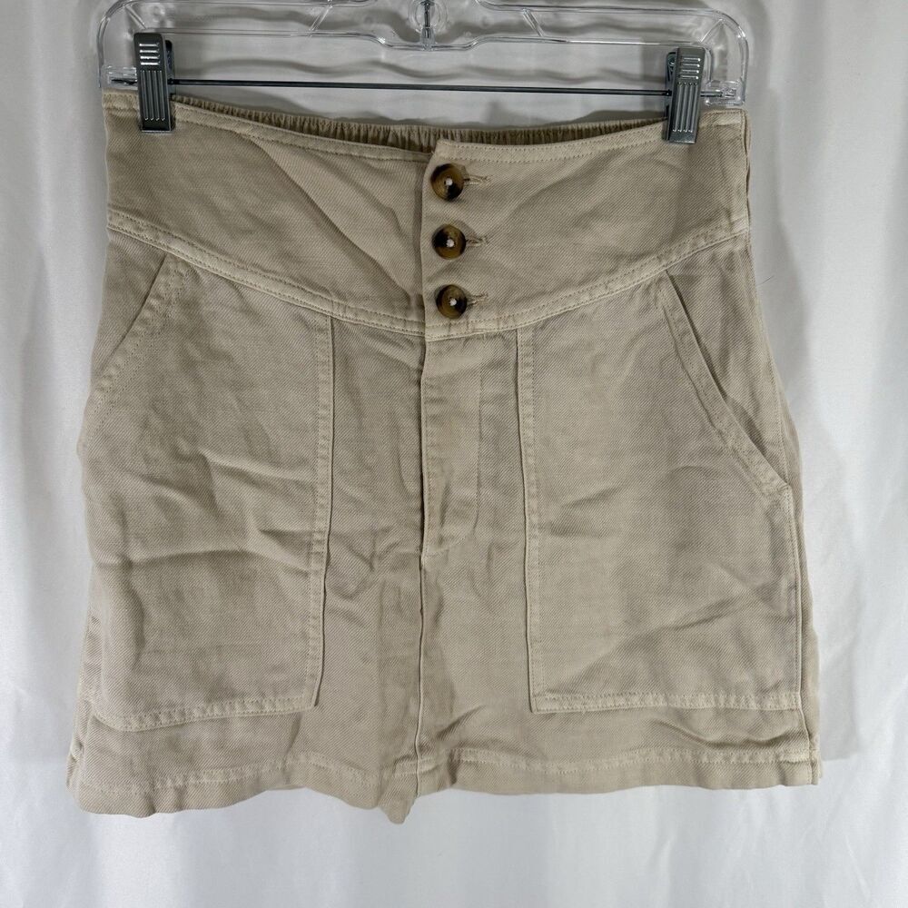 Aerie Linen Blend Skirt Women's Small Beige Elastic Waist Pockets Short